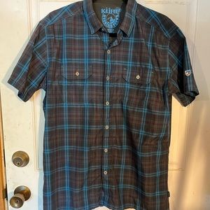 Aqua and black plaid kuhl short sleeved shirt